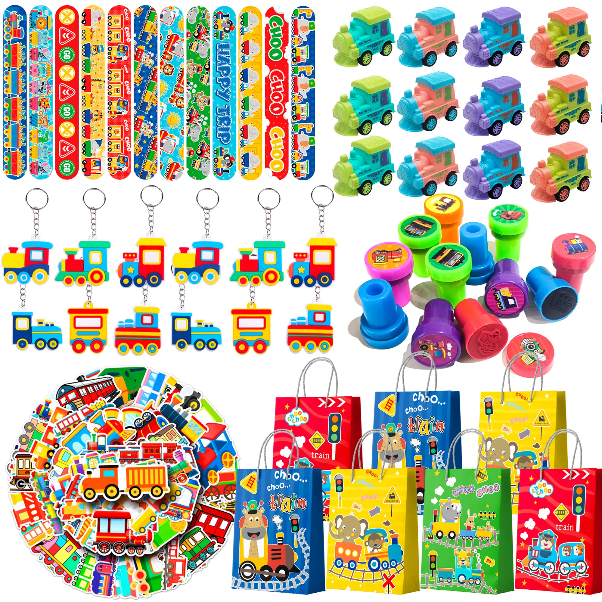 110pcs Train Party Favors, Train Birthday Favors Set Including Train Theme Party Bags Keychains Slap Bracelets Stamps etc Train Themed Birthday Party Favors for Train Party Decorations
