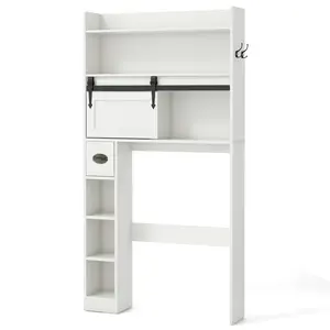 COSTWAY - Over The Toilet Storage Cabinet with Sliding Barn Door and Adjustable Shelves-White