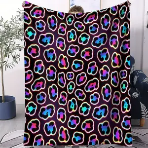 Neon Leopard Flannel Sofa Blanket In Gradient Neon Colors of Pink, Blue and Green For Main, Bedroom and Travel Use In All Seasons