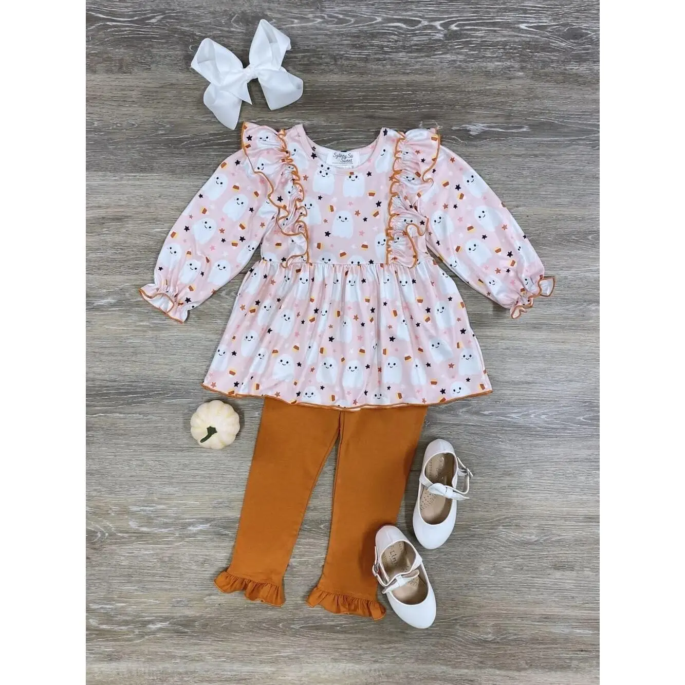 Cute Little Ghost Ruffle Girls or Toddler Long Sleeve Top and Ruffle Leggings Halloween Outfit