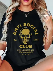 100% Cotton Unisex Anti Social Club – Skull with Headphones Design T-Shirt Casual Top