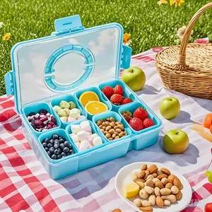 8 Compartment Snack Tray with Lid - BPA-Free Plastic Divided Serving Container with Handle - Versatile Fruit, Veggie, and Candy Organizer for Home and On-the-Go
