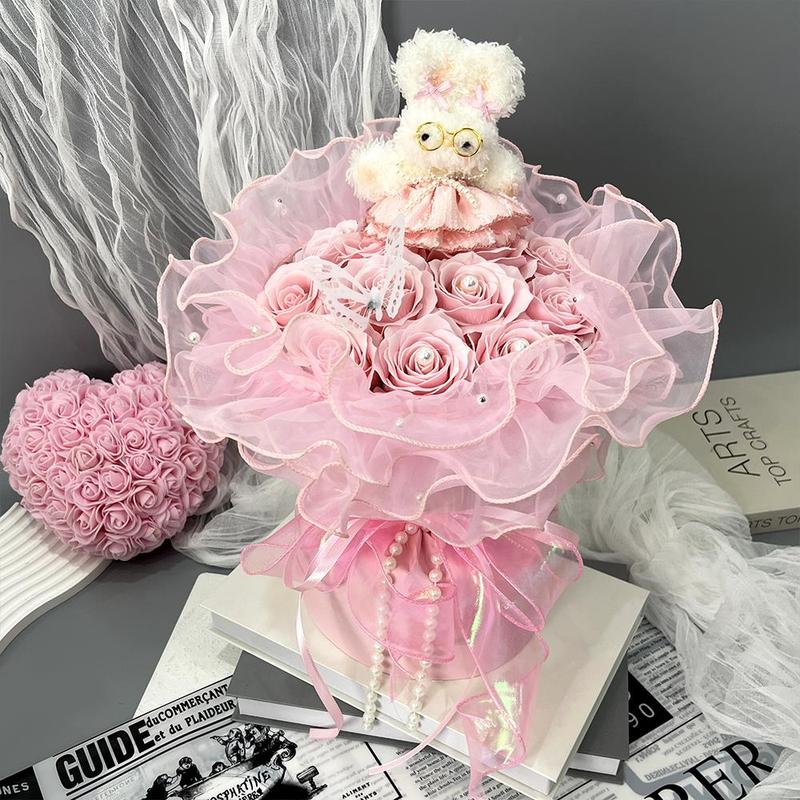 Artificial Rose Soap Flower Bouquet, 1 Count Romantic Lace Faux Rose Flower Bouquet, Gift for Women, Birthday Gift, Party Decoration