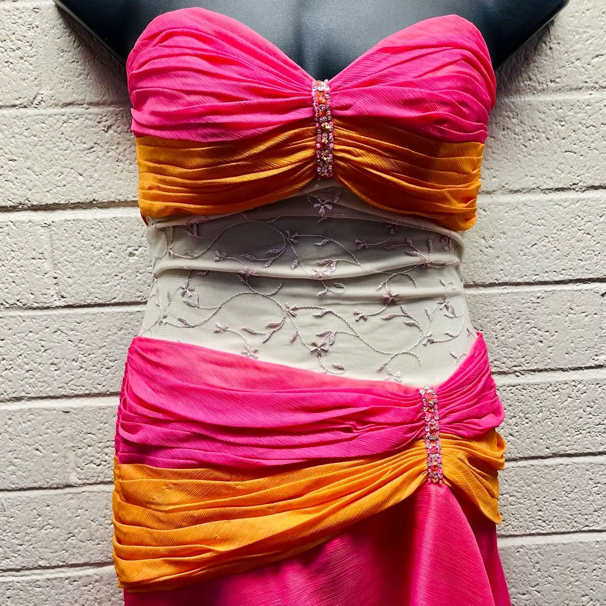 Hot pink & tangerine beaded chiffon 90s formal dress