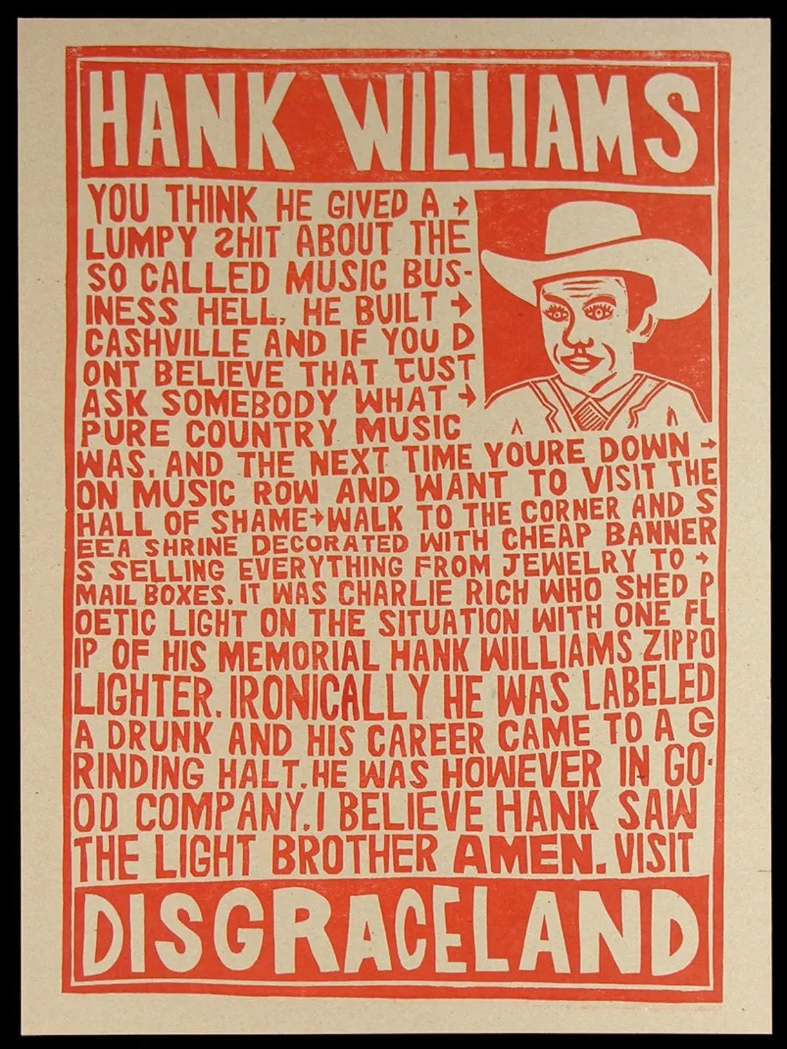 HANK WILLIAMS- Disgraceland Hand Printed Woodblock Poster
