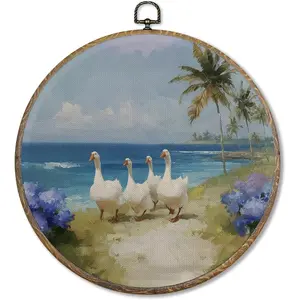 FUGWN Coastal Beach Goose Round Wall Art Decor Framed, Cottagecore Wildflower Beachy Landscape Canvas Artwork Prints, Coastal Goose Wall Hanging Decorations for Home Bedroom Living Room, 10x10 Inch