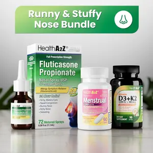 HealthA2Z Runny & Stuffy Nose Bundle | Fluticasone Propionate Nasal Spray 50 mcg (72 Metered Sprays, Pack of 1) + Menstrual Complete Pain Relief (90 Tablets, Pack of 1) + Vitamin D3 (5,000 IU) + K2 MK-7 (90 Softgels, Pack of 1)