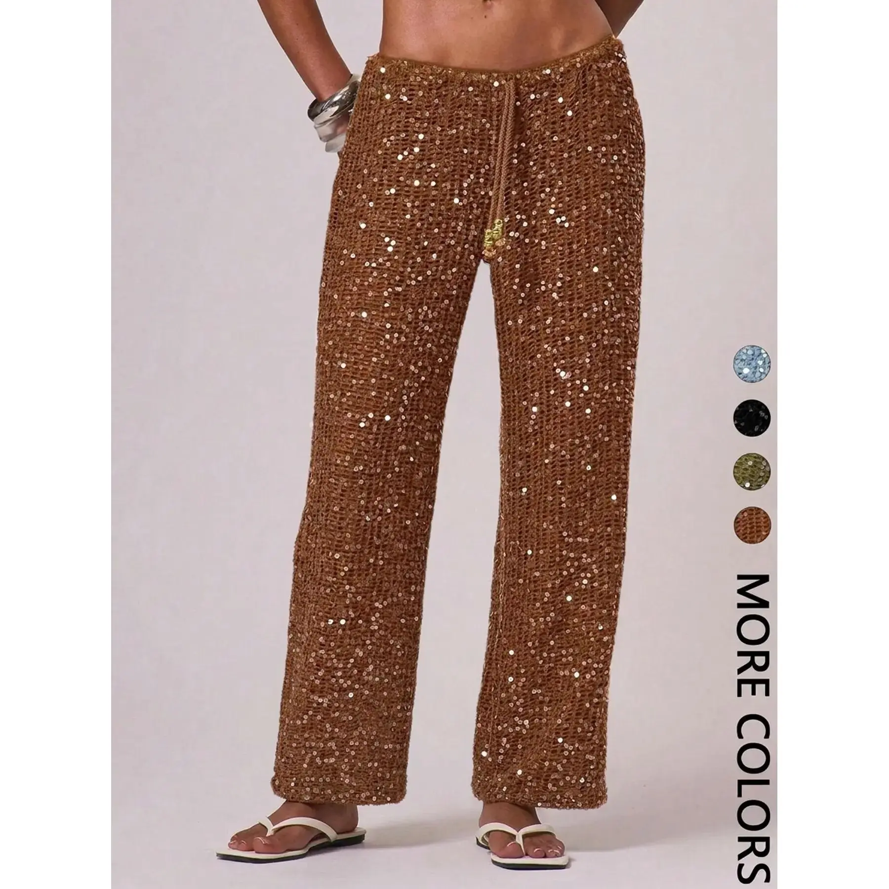 Women Bohemian Beach Pants Elegant Summer Sequined Long Trousers Holiday Casual Fitted 2026