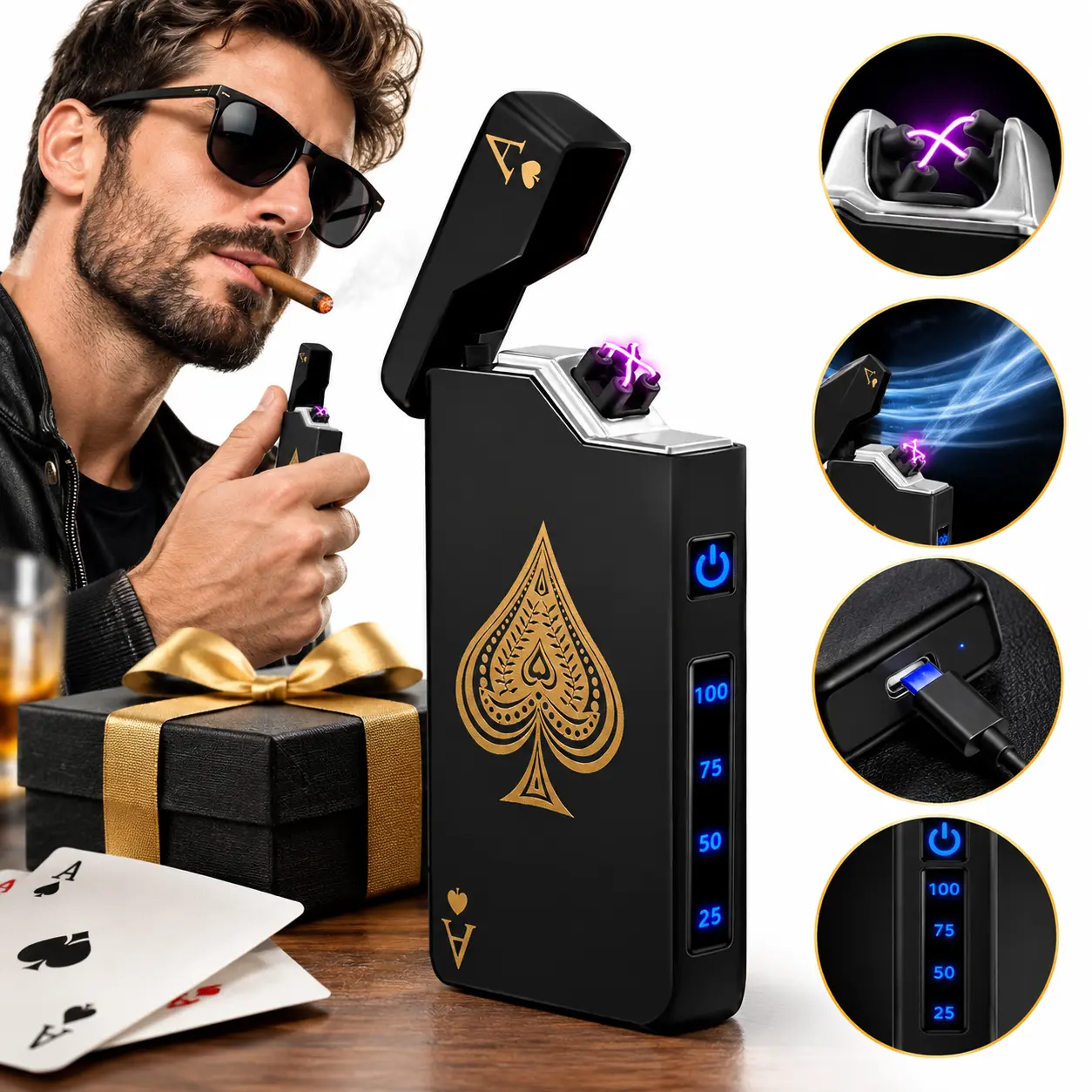 Electric Lighter Rechargeable Plasma Lighter Men Cool Ace Pocket Lighters, Windproof Dual Arc, Led Battery Display, USB Charging, Christmas Stocking Stuffers, Birthday Gifts for Men Father (Black Ace)