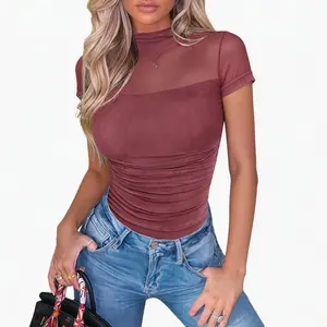 AVIDLOVE Women's Basic Black Short Sleeve Mesh Turtle Neck Bodysuit Ruched Sheer Slim Corset One Piece Leotard Elegant Spring Summer Casual Fitted Top Fabric Womenswear Seamless Feminine Minimalist Crewneck