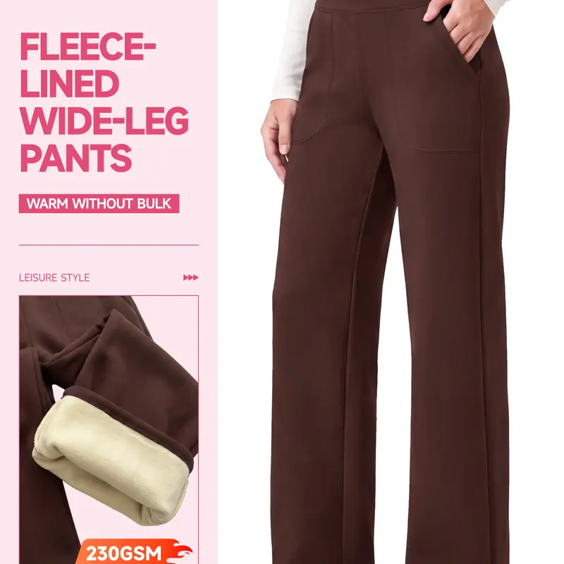 【Warm Layers】SHOWITTY Womens Fleece Lined Wide Leg Pants High Waisted Drawstring Trousers with Pockets Casual Warm Pants