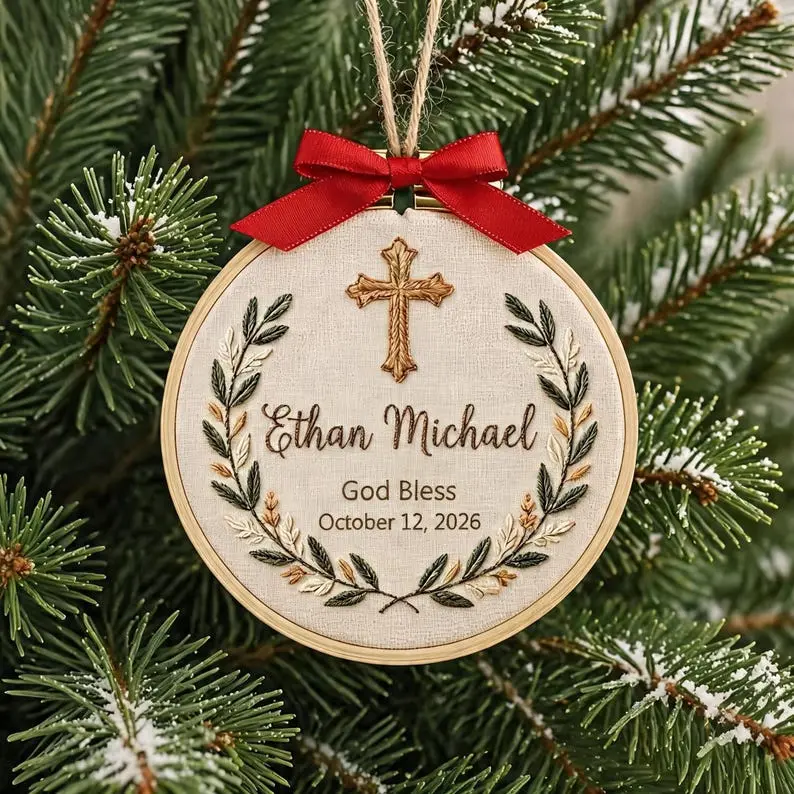 Personalized Baptism Embroidery Hoop, Custom God Bless Ornament, Baby Name Date Keepsake, Christmas