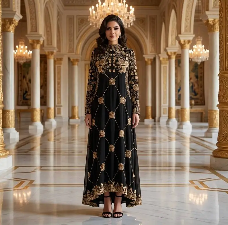 Luxury Rhinestone Beaded Abaya | Elegant Cape Maxi Dress for Eid, Weddings & Evening