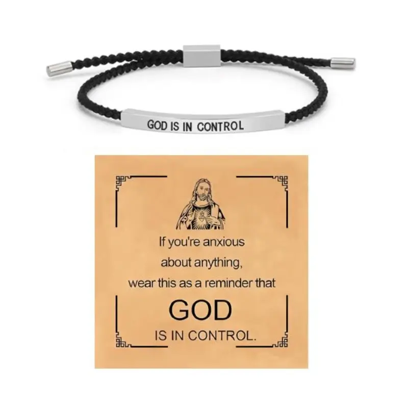 God Is in Control Inspirational Bracelets for Women Men Christain Faith Bracelets Handmade Letter Braided Bracelet Adjustable Stainless Steel Christmas Birtday Gifts Jewelry