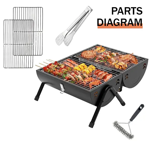 Flaryth Compact Convenient Portable Barbecue Grill - Small Folding Tabletop BBQ with Dual-Side Carbon Smoker, Smooth Switching Function, Stable Standing Design, BBQ Grill Brush, Metal Tongs (Black) for Outdoor Camping
