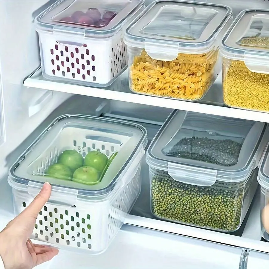 Fridge Organizer Bins With Drainage Tray, Fresh Keeping Containers For Fruits Veggies Meat Seafood, Categorized Storage Lock Freshness Extend Shelf Life No Odor Mix, Washable Drip Dry Kitchen Must-Have Neatly Organized Can Store Dry Goods