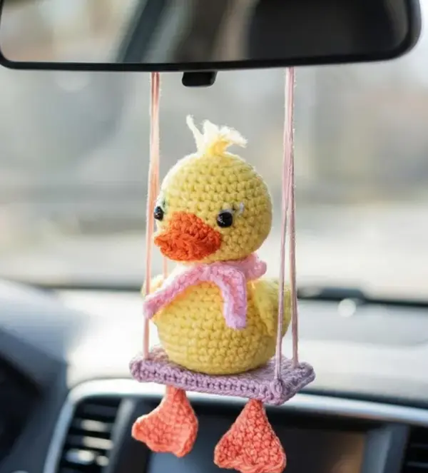 Handmade Playful Duck Crochet Car Hanging, Seat Swing Doll Ornament