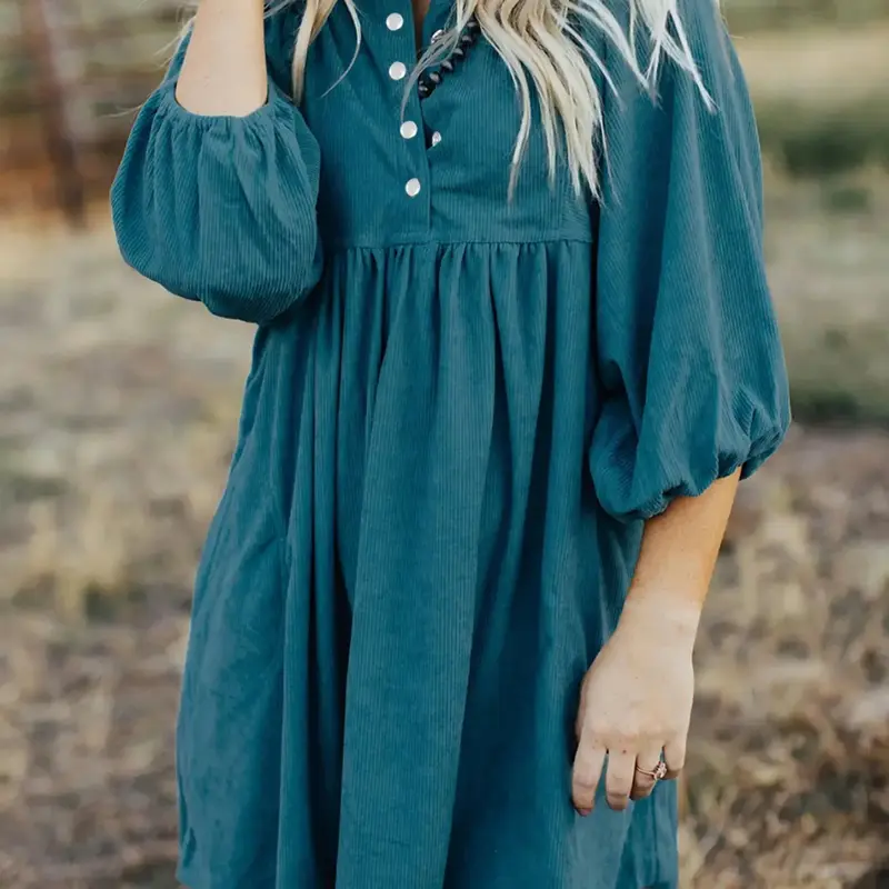 Women's Plain Button Front Smock Dress, Aesthetic Boho Frenchy Style Casual Loose Bishop Sleeve Stand Collar Short Dress Dresses with Sleeves for Spring, Summer & Fall, Women's Clothing for Daily Wear, Everyday, Womenswear