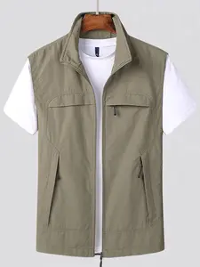 Men's Solid Zip Up Pocket Sports Vest, Regular Fit Sporty Stand Collar Sleeveless Outerwear for Outdoor Activities, Men's Sportswear Clothing for Spring & Fall