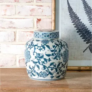 8.5" H. BLUE FLORAL GINGER JAR W/LID