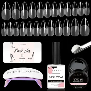 Makartt Nail Tips and Glue Gel Kit: 15ML Solid Nail Glue, 500pcs Almond Medium Pre-Buffed Tips, Mini Nail Lamp, Base Coat for DIY Manicure beautysecretnailglue Nail Art Nail Care