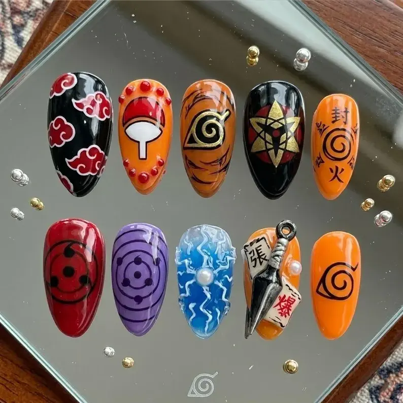 Anime Ninja Press-On Nails - Orange-Black Japanese Set, Manga-Inspired Fake Nails for Cosplay