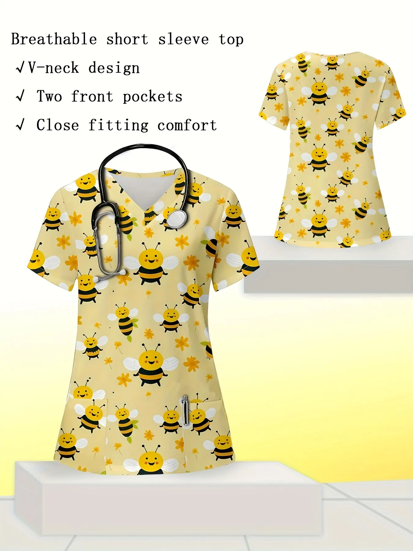[Small Bee Nurse Uniform] 2026 New Small Bee Digital Print Casual V-Neck Nurse Uniform - Minimalist Casual Style - Comfortable Easy Care Fabric - Machine Washable - Soft And Comfortable - Suitable for Daily Office And Home Use