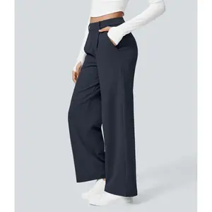 Women's High-Waist Solid Bottoms with Side Pockets - Straight-Leg Work Pants, Loose Slimming Fit Suit Trousers, Mesh-Ventilated Retro Sports Bottoms for Work, Casual Scenarios, Bottom, Work Pants Women Womenswear Basic