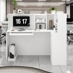 FUFU&GAGA Wood Reception Desk with Counter Drawers & Storage Shelves, L-Shaped Reception Counter Table for Salon Reception Room Checkout Office, White