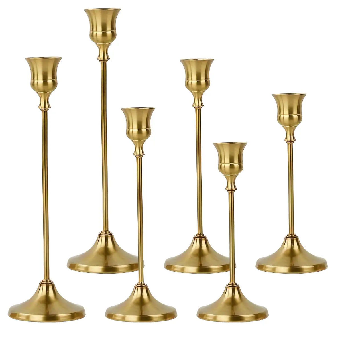 6 Pcs Candle Stick Holders, Brass Gold Metal Taper Candle Holders, Vintage Modern Decorative Centerpiece Candlestick Holders for Table Mantel Wedding Housewarming Gift