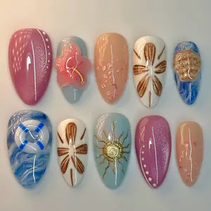 3D Tropical Seashell & Flower Press on Nails | Oval Mermaidcore Sun Mismatched Luxury Fake Nails