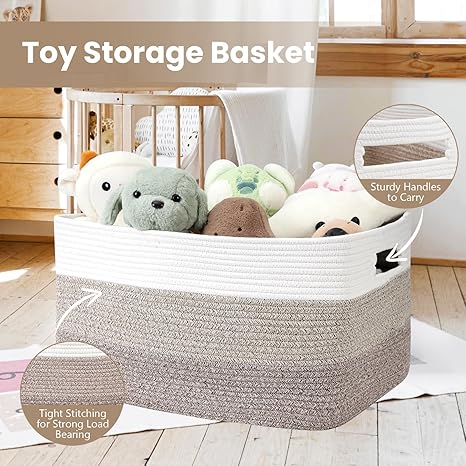 Large Cotton Rope Basket, Rectangular storage basket, suitable for storage, toy storage in children's rooms, and organizing baskets for toys with handles in living rooms