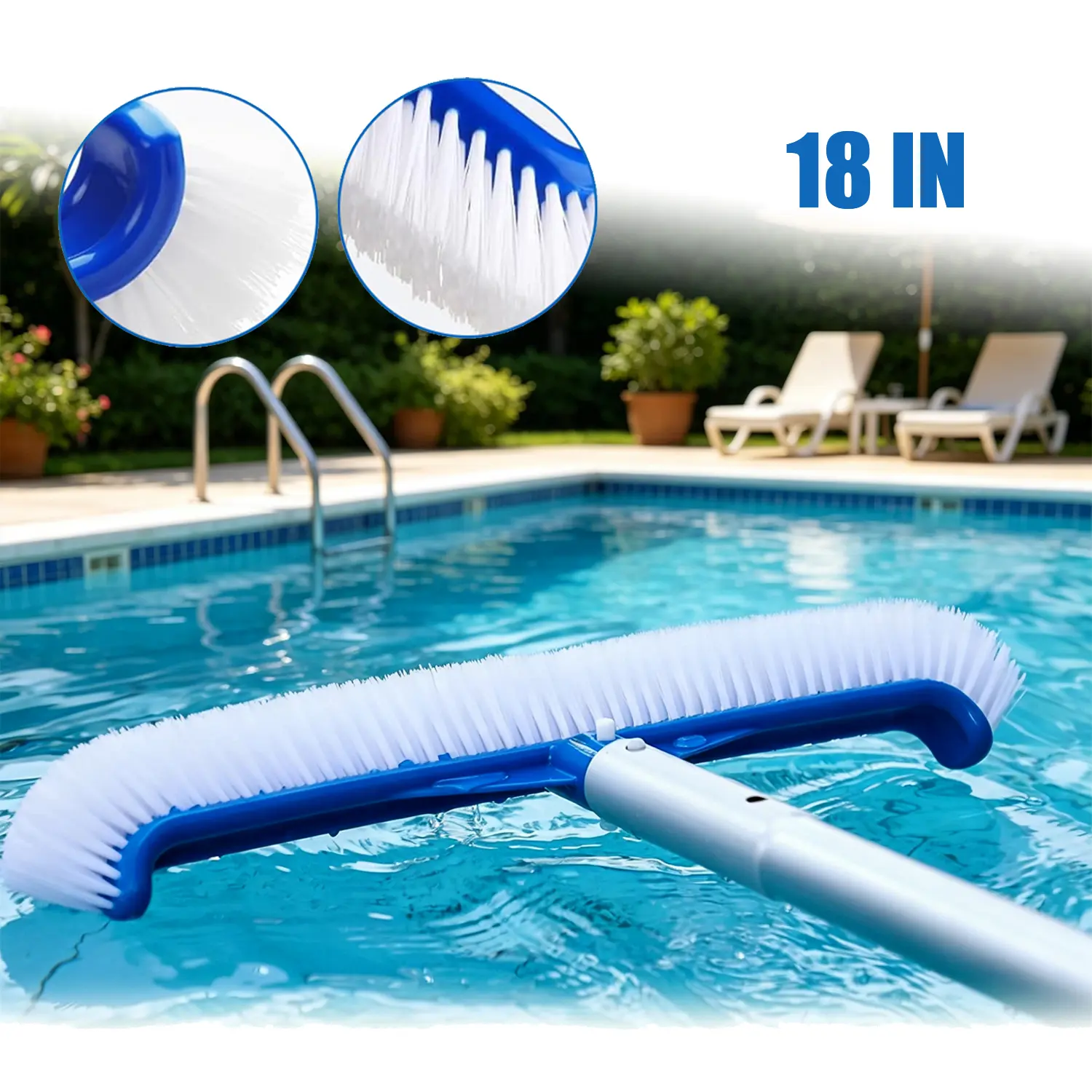 Pool Brush - 18" Pool Brush Head for Cleaning Pool Walls, Curved Ends High-Efficiency Pool Scrub Brush, Premium Nylon Bristles Pool Brush Head Swimming pool tool set