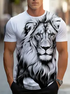 Streetwear Animal Lion 3D Print T-Shirt, Fashion Short Sleeve Casual Fun Cool Sketch Lion Tee, Stylish Graphic Top for Men & Women