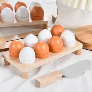 Wooden Realistic Egg Pretend Play Set Toy, Includes 8 Eggs, 1 Egg Rack & Wooden Cutter, Perfect Gift for Kids Aged 3+, Play Kitchen Accessories, Easter Christmas Gift