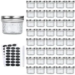 Mini Mason Glass Canning Jars,4 OZ Jelly Jars With Regular Lids(Silver,Ideal for Honey,Jam,Wedding Favors,Shower Favors,Small Pice Jars 40 PACK