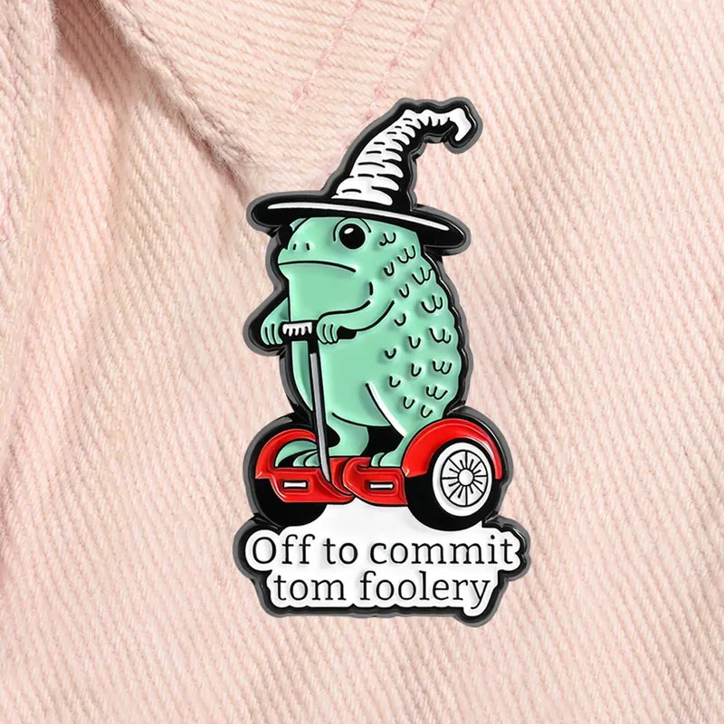 Whimsical Frog Wizard Enamel Pin Funny Quote Off To Commit Tom Foolery Cartoon Animal Alloy Brooch Lapel Backpack Badge Decor Pins Fashion Jewelry Accessories Gift for Friends Vintage Jewellery