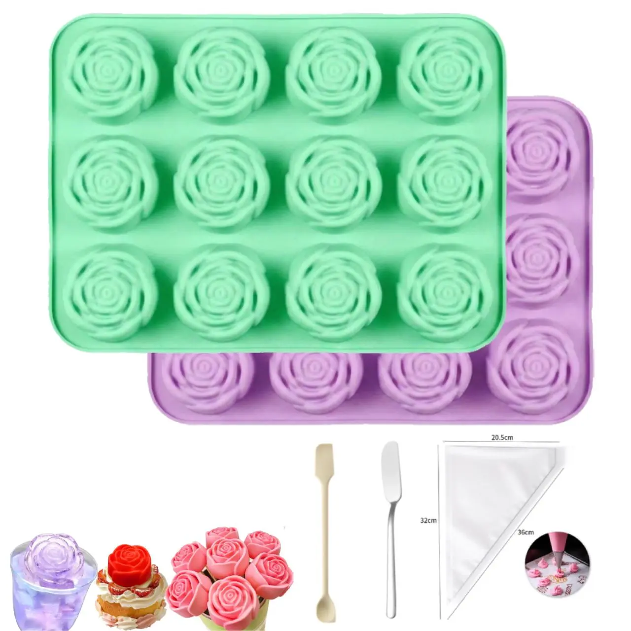 Food Grade 3D Rose Silicone Molds Kit – 2 Large Flower Molds, Stainless Steel Butter Knife, 20 Disposable Icing Piping Bags, Silicone Scraper for Baking, Ice, Chocolate, Soap Making