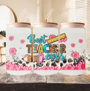 Best Teacher Ever UV DTF Cup Wrap for 16 oz Glass Cans- Ready to Apply- No Heat Needed - Ready to Ship!