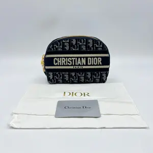 Pre-owned Dior Velvet Canvas Clutches & Wristlets Velvet Oblique Cosmetic Pouch Blue