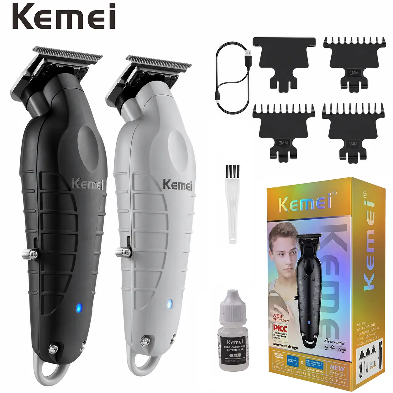 KEMEI PG2299 Professional Hair and Beard Trimmer for Men, T-Blade Cordless Rechargeable Hair Clippers for Barbers, Gray & Black