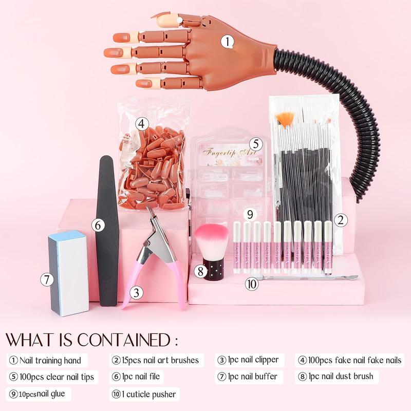 Practice Hand for Acrylic Nails, Flexible Moveable Fake Hands, Manicure Trainng Hand Nail Kit for Beginners, Movable Nail Maniquin Hand with 200PCS Nail Tips, Nail Glues, Brush and Clipper