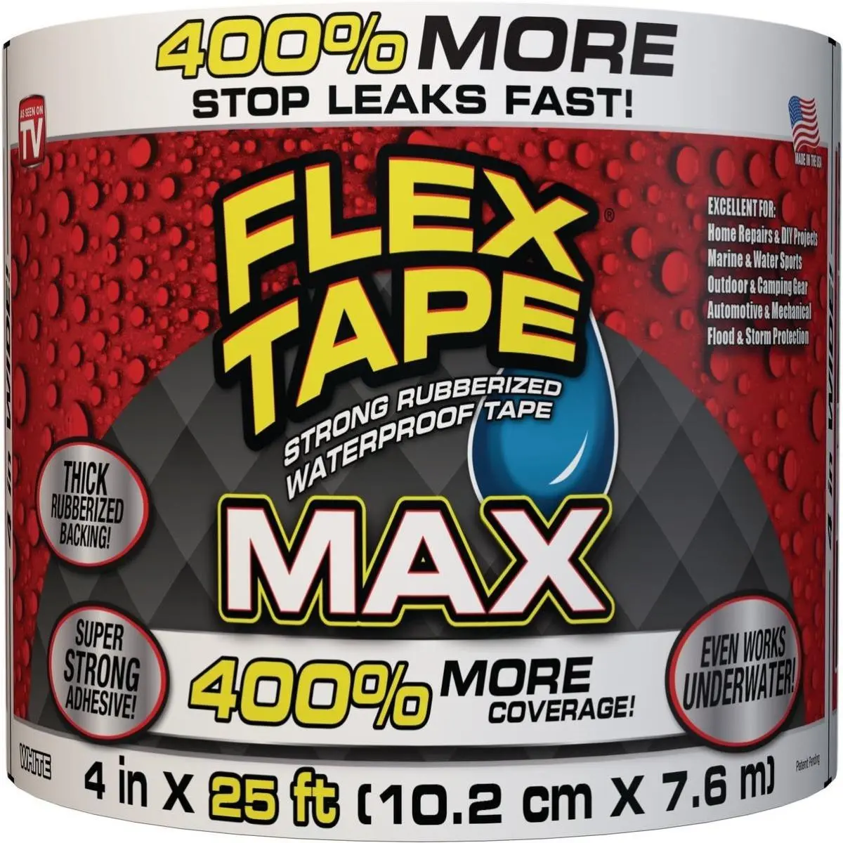 212 MAIN Rubberized Waterproof Home Repair Flex Max Tape, 4x25ft Size, White, Fast-Acting Formula for Waterproofing, Instant Stop & Leak Sealing, Anti Leak, Flex Tape