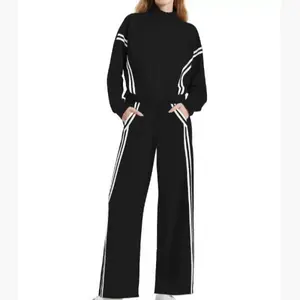 Women’s cross-border two-piece casual sports set featuring wide-leg jogging pants with contrast color stripes and a zipper—ideal for travel and everyday workouts