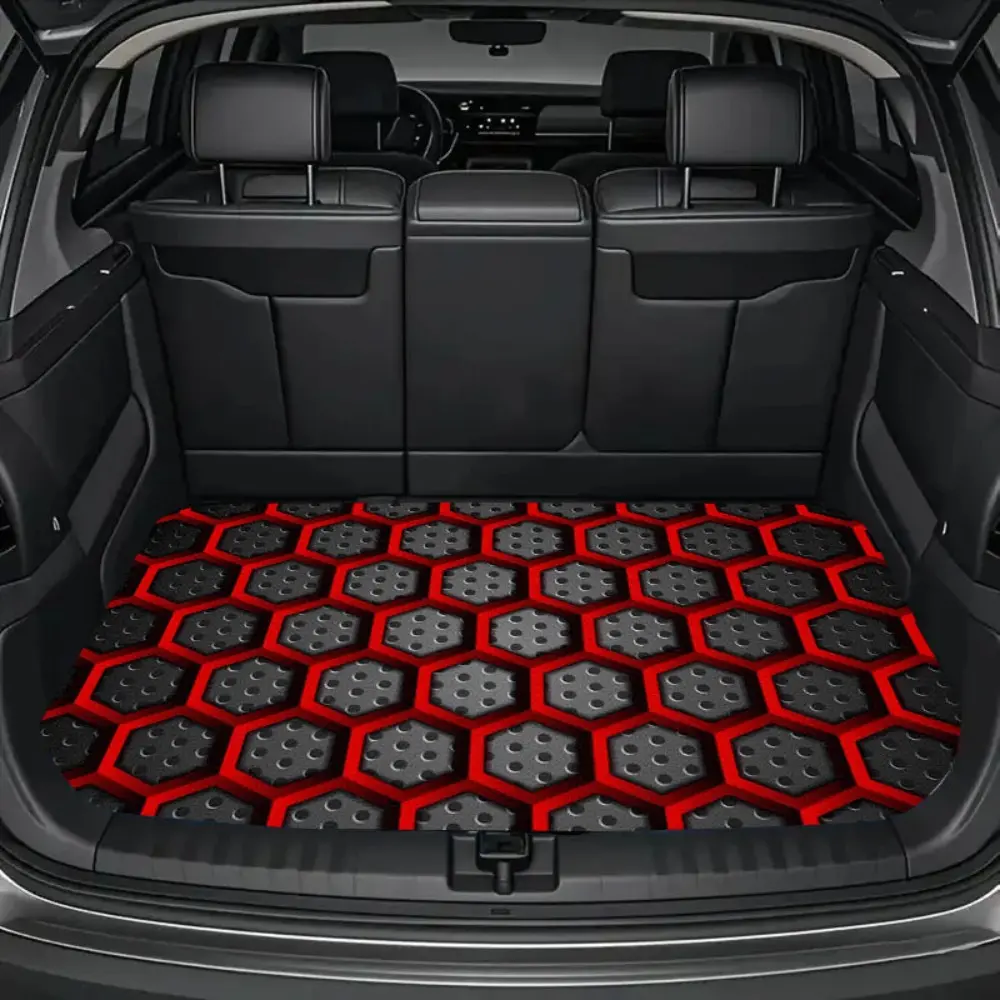 Hexagonal red printed pattern design, multifunctional car trunk pad, Car mats, Automotive mats, polyester fiber material, durable, easy to clean, compatible with most car models, Car Interior Accessory, Auto Interior Accessories
