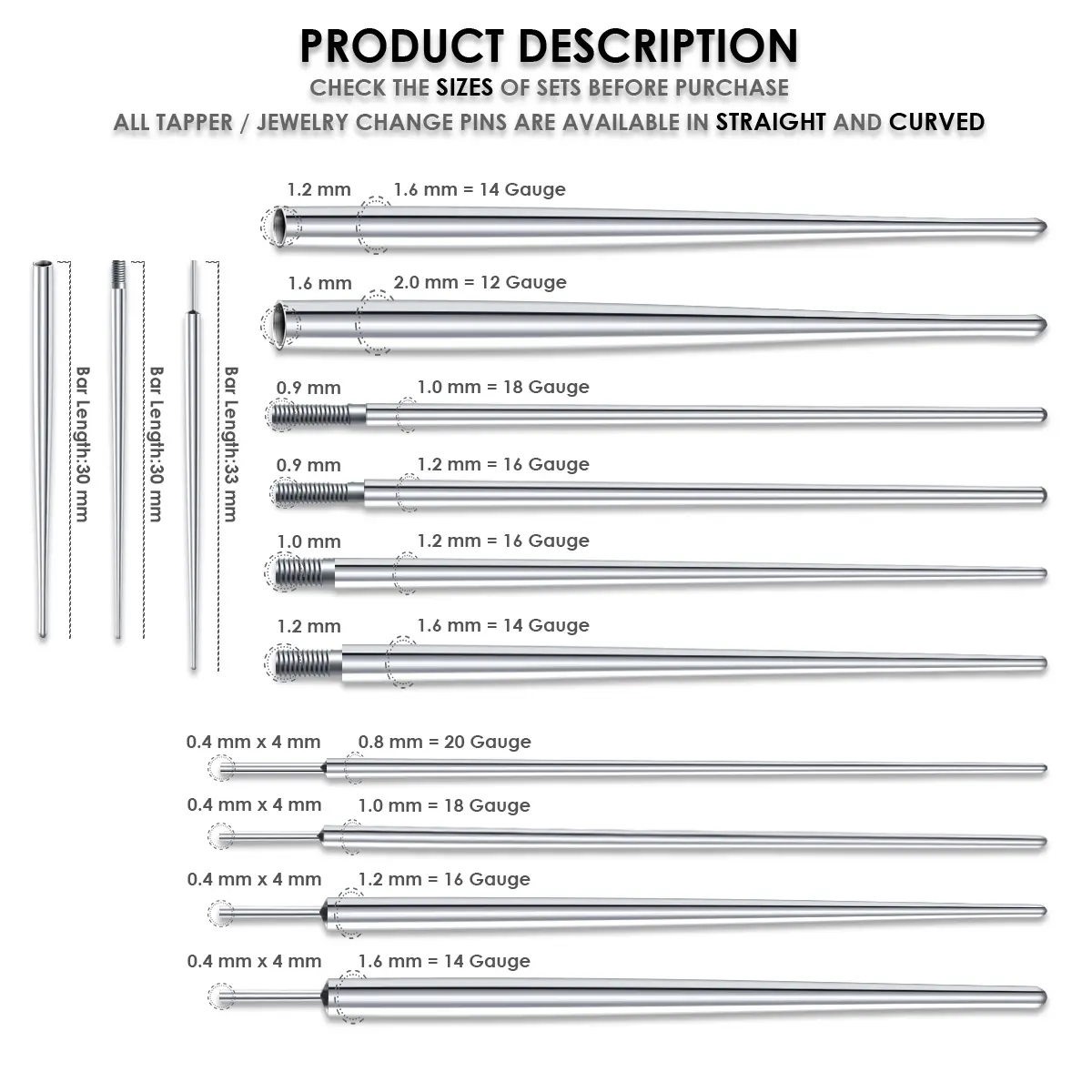 LEOGON Stainless Steel Piercing Taper Kit for Ear, Nose, Navel, Lip, and Eyebrow