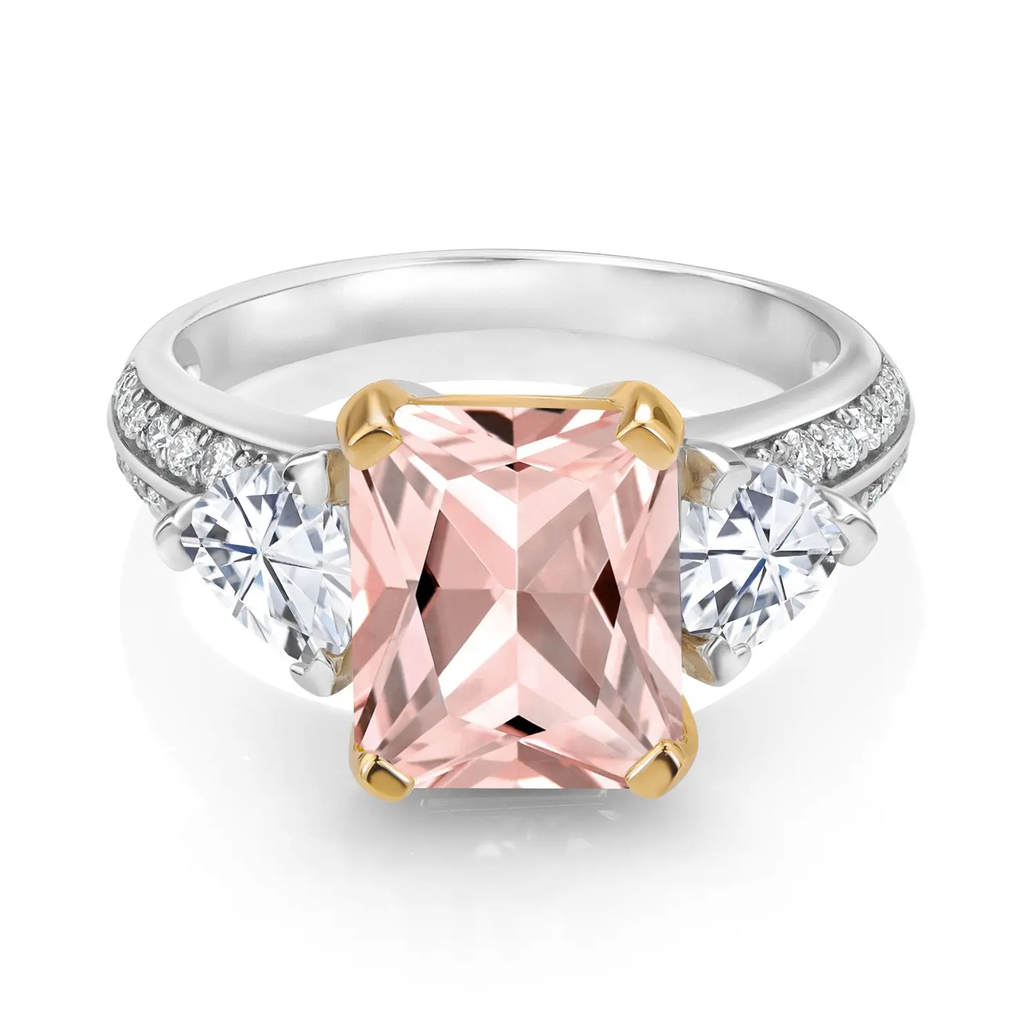 925 Sterling Silver and 10k Yellow Gold Peach Nano Morganite and White Moissanite 3 Stone Engagement Ring For Women (4.33 Cttw, Octagon Cut 10X8MM)