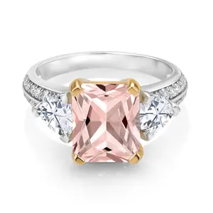 Gem Stone King 925 Sterling Silver and 10k Yellow Gold Peach Nano Morganite and White Moissanite 3 Stone Engagement Ring For Women (4.33 Cttw, Octagon Cut 10X8MM)