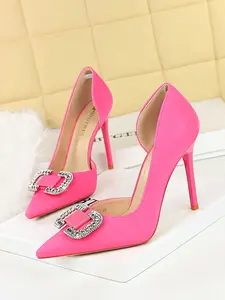 Elegant Women's High Heels, Side Cutout Pointed Toe Slip-On Shoes, Rhinestone Buckle Design, Satin Upper, Perfect for Evening Wear