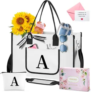 Tote Bag for Women, Initial Canvas Beach Bag with Makeup Bag, Personalized Friend Birthday Sister Bride Bridesmaid Teacher Wedding Gifts w Inner Pocket, Front Pocket, Shoulder Strap, Greeting Card, Gift Box